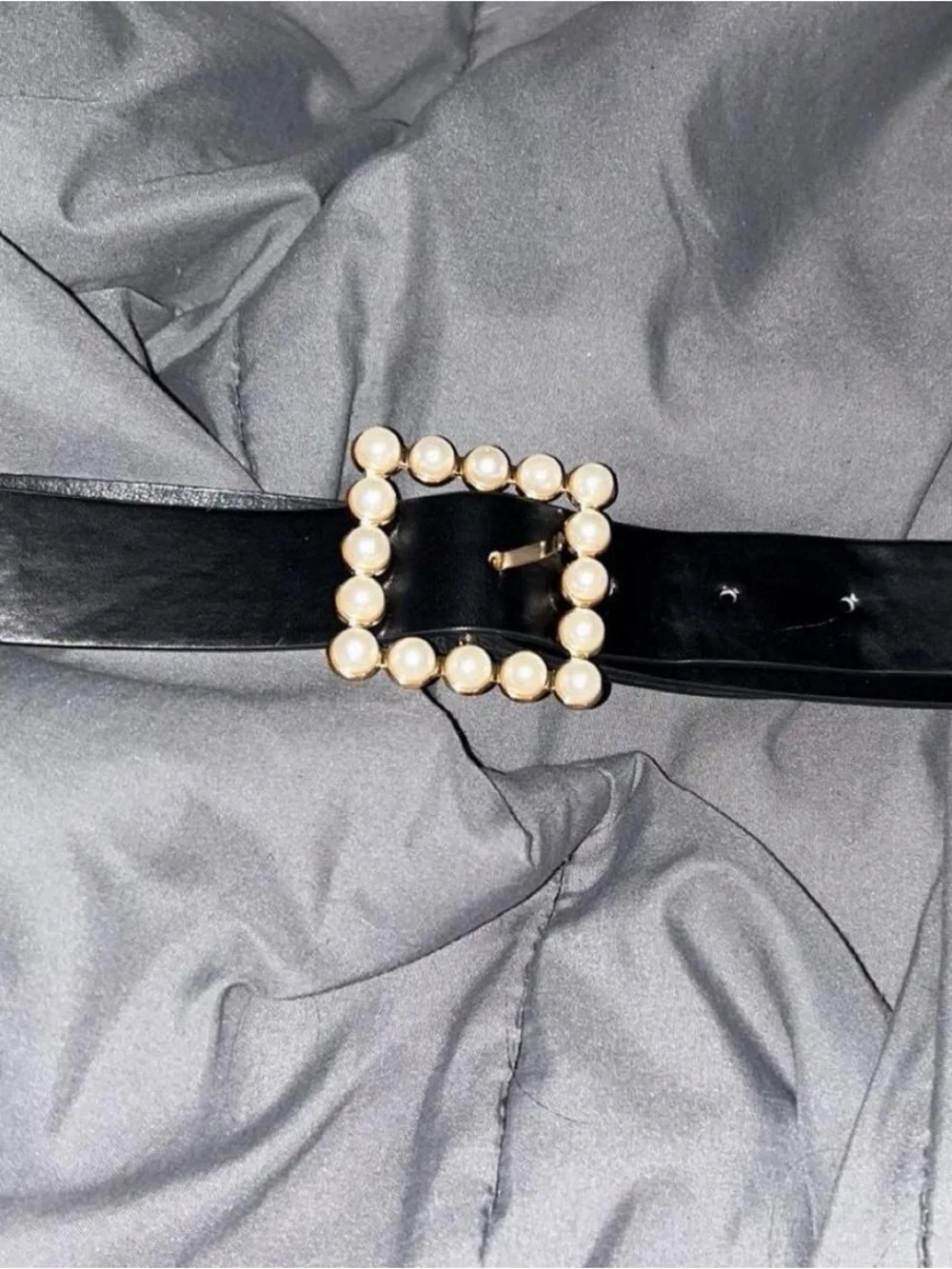 Pearl Square Buckle Black Leather Belt